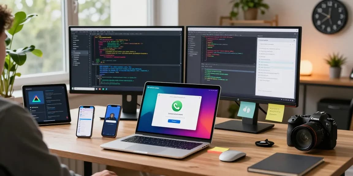 WhatsApp下載 interface displayed on modern devices in a productive tech workspace.