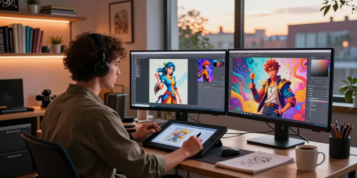 Engaging AI 18+ digital art creation scene in vibrant studio atmosphere.