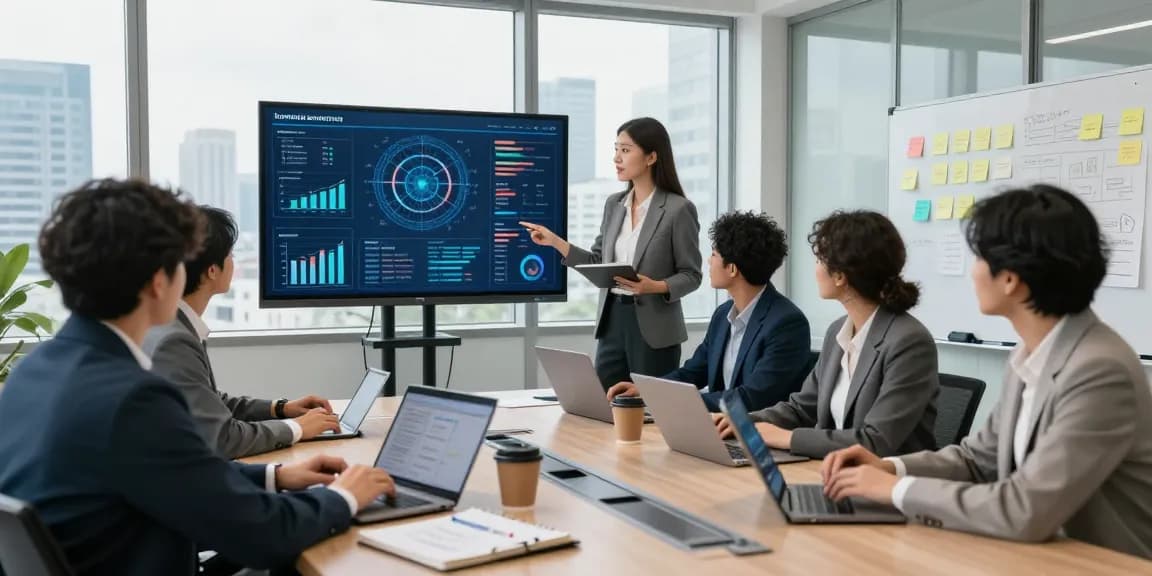 Team collaboration in a modern office focused on AI for business strategies, showcasing engagement and innovation.