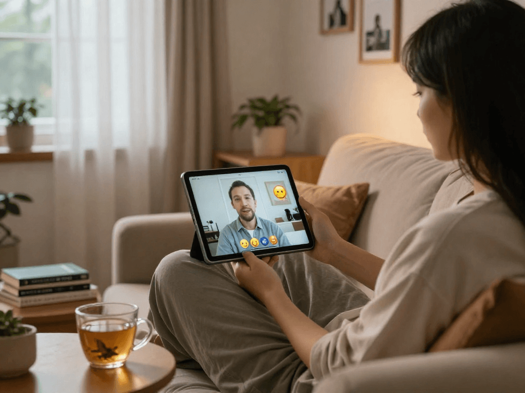 Engaging sexchat scene in a cozy living room, showcasing virtual interaction on a tablet with a warm atmosphere.