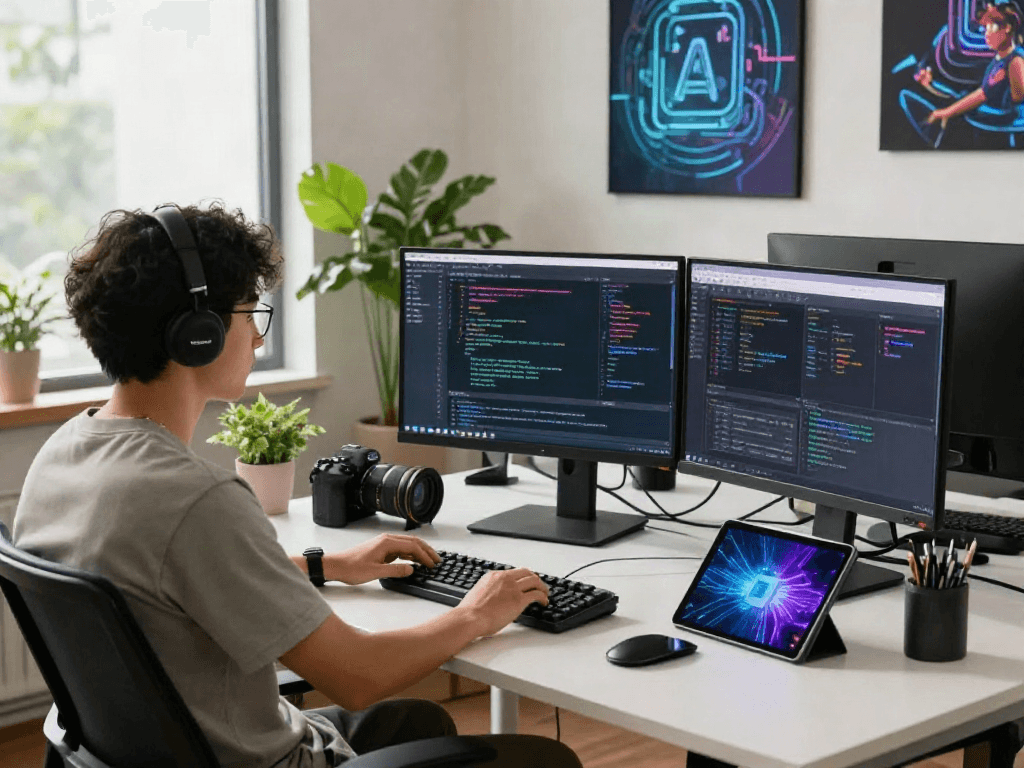 Developer coding with spicy AI technologies in a bright, modern workspace.