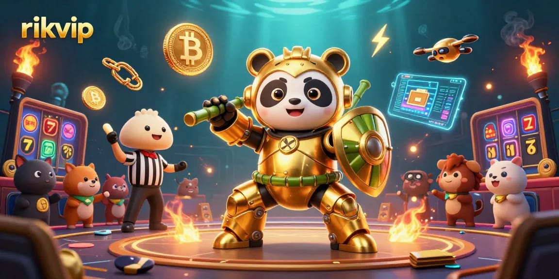 Engage with the vibrant rikvip casino scene featuring a panda piloting a robot amidst cheering spectators.