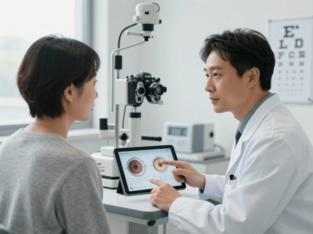 Cataract eye surgery consultation between doctor and patient in modern clinic.