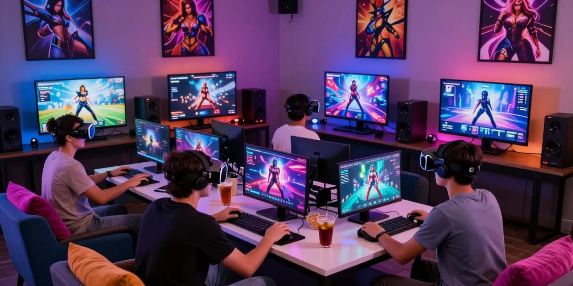 Group enjoying interactive porn games online in a stylish lounge.