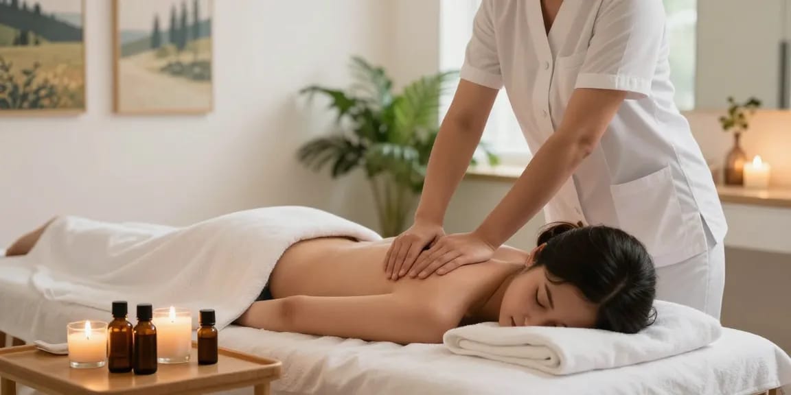 Enjoying 출장안마 in a serene home massage setting with soothing atmosphere and essential oils.