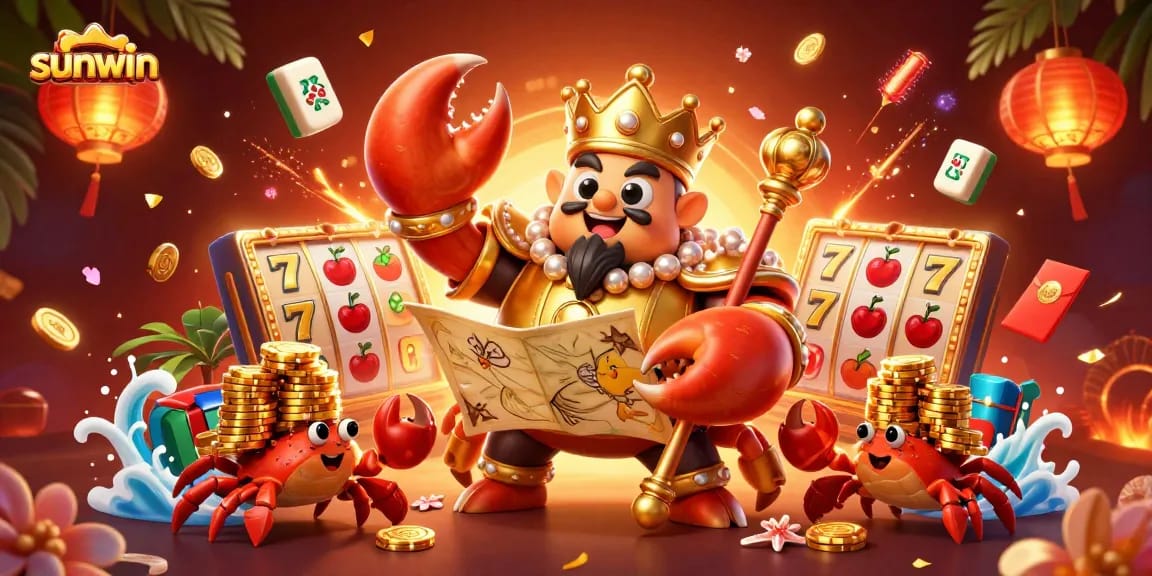 Experience thrilling gameplay with sunwin, featuring a golden crab emperor amidst casino elements.