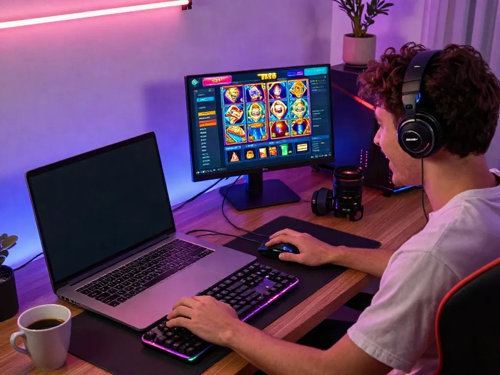 Enthusiastic player interacting with TX88 on a laptop in a stylish gaming setup.