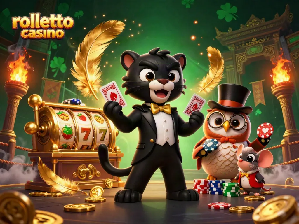 Engage with rolletto casino's vibrant 3D scene of luck with a black panther dealer, slots, and more.