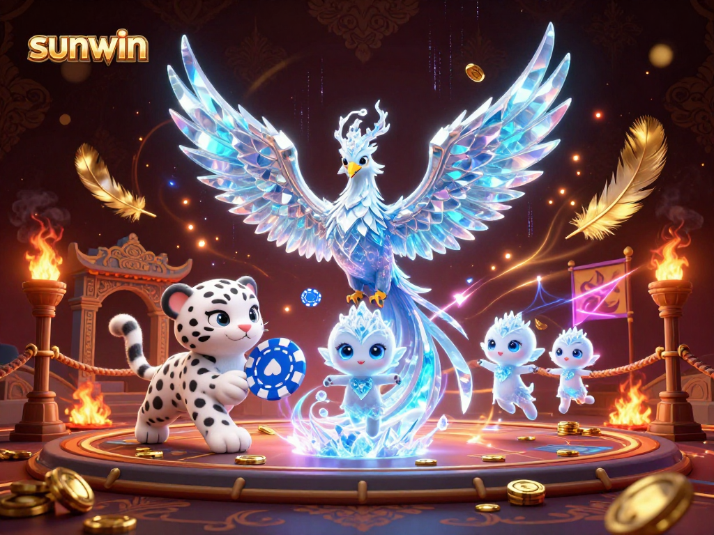 Sunwin showcases a vibrant ice phoenix and playful snow leopard in an immersive gaming scene.