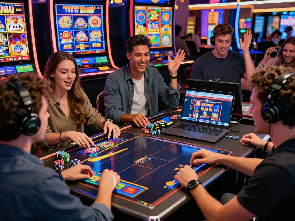 Engaged players enjoying vibrant slot games at an online casino that accept credit cards.