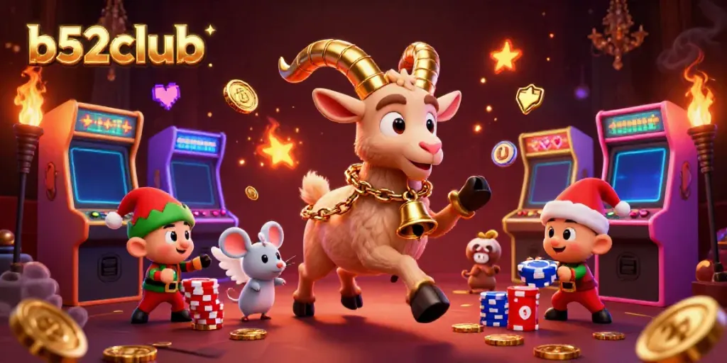A lively casino scene with b52club characters engaging in playful chaos, illustrating vibrant gaming elements.
