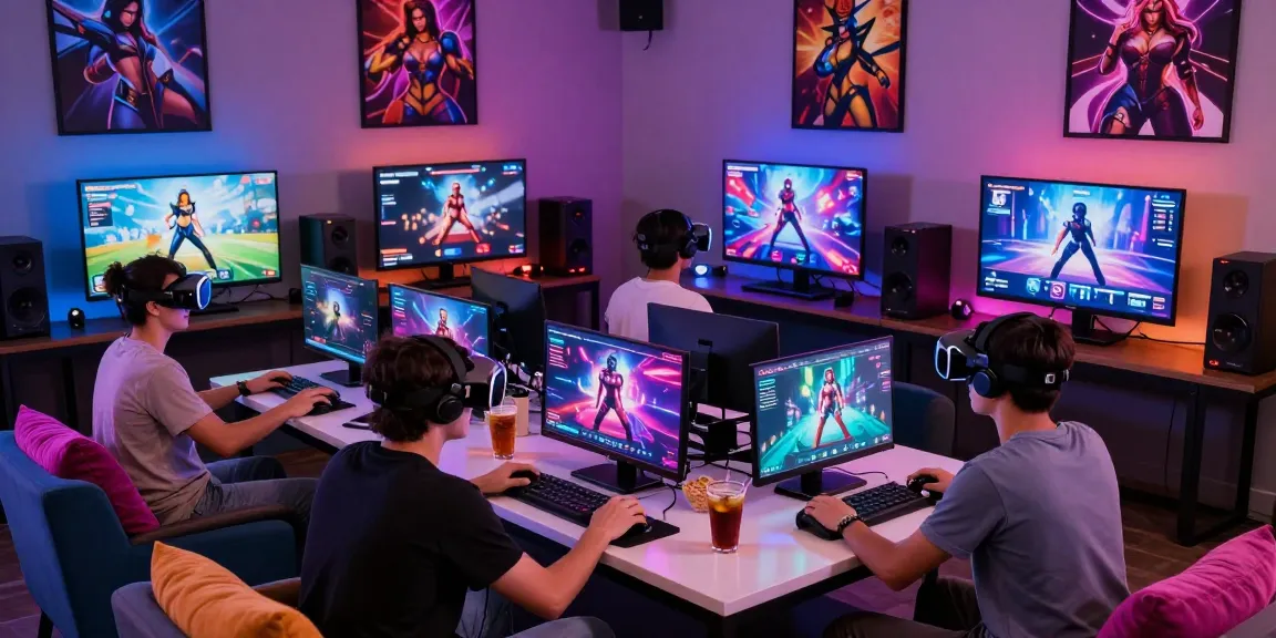 Group enjoying interactive porn games online in a stylish lounge.