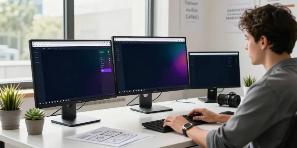 Digital marketer engaged in instant indexing tasks at a modern workspace, showcasing analytics and productivity.