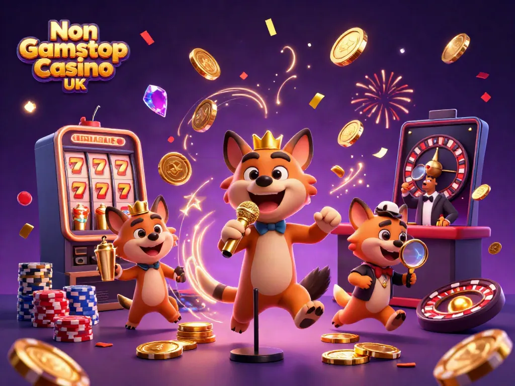 Engaging scene of Non Gamstop Casino UK with hyenas as bartenders, comedians, and bouncers amidst a festive atmosphere