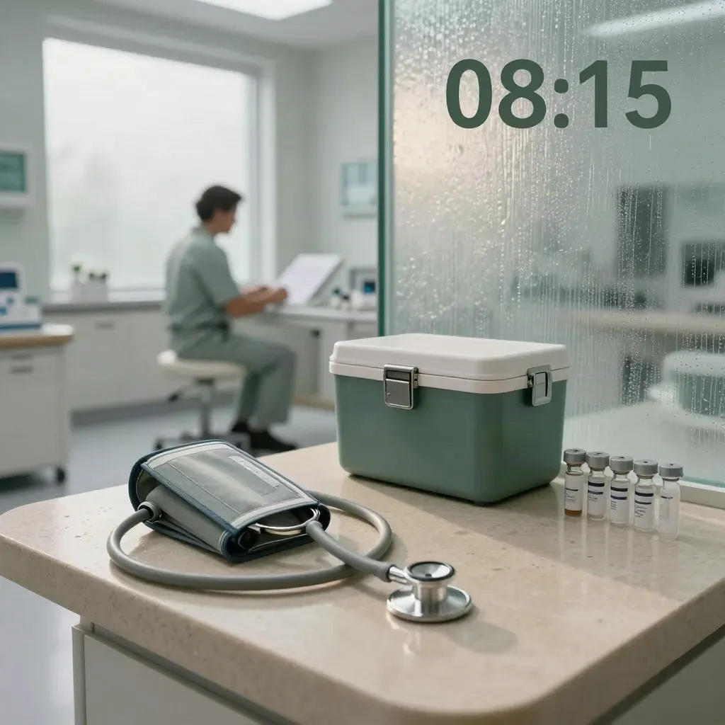 Private clinic scene with medical tools, frosted glass and rain-lit morning atmosphere