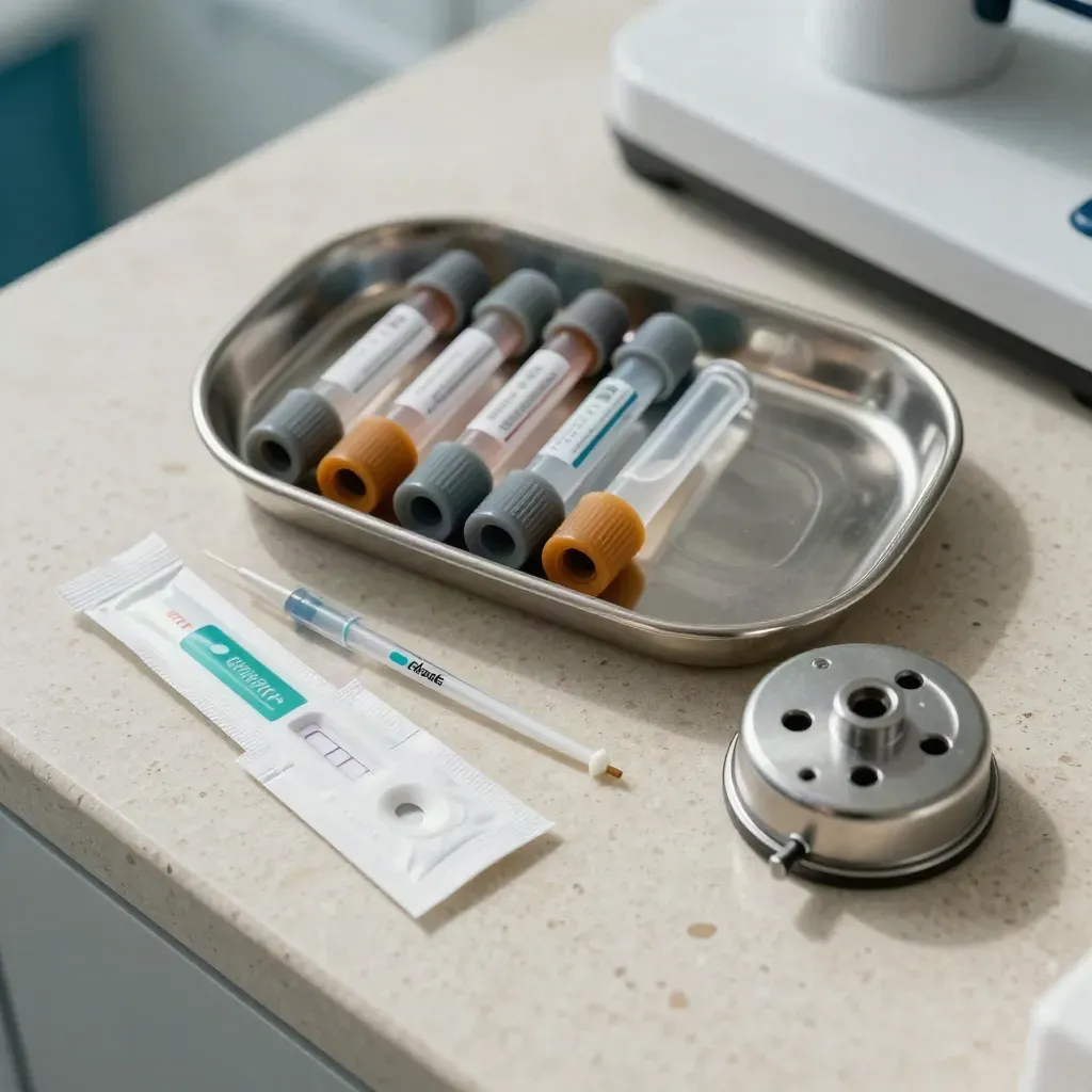 Overhead medical flat lay of blood test tubes, swabs, butterfly needle pack and centrifuge rotor.