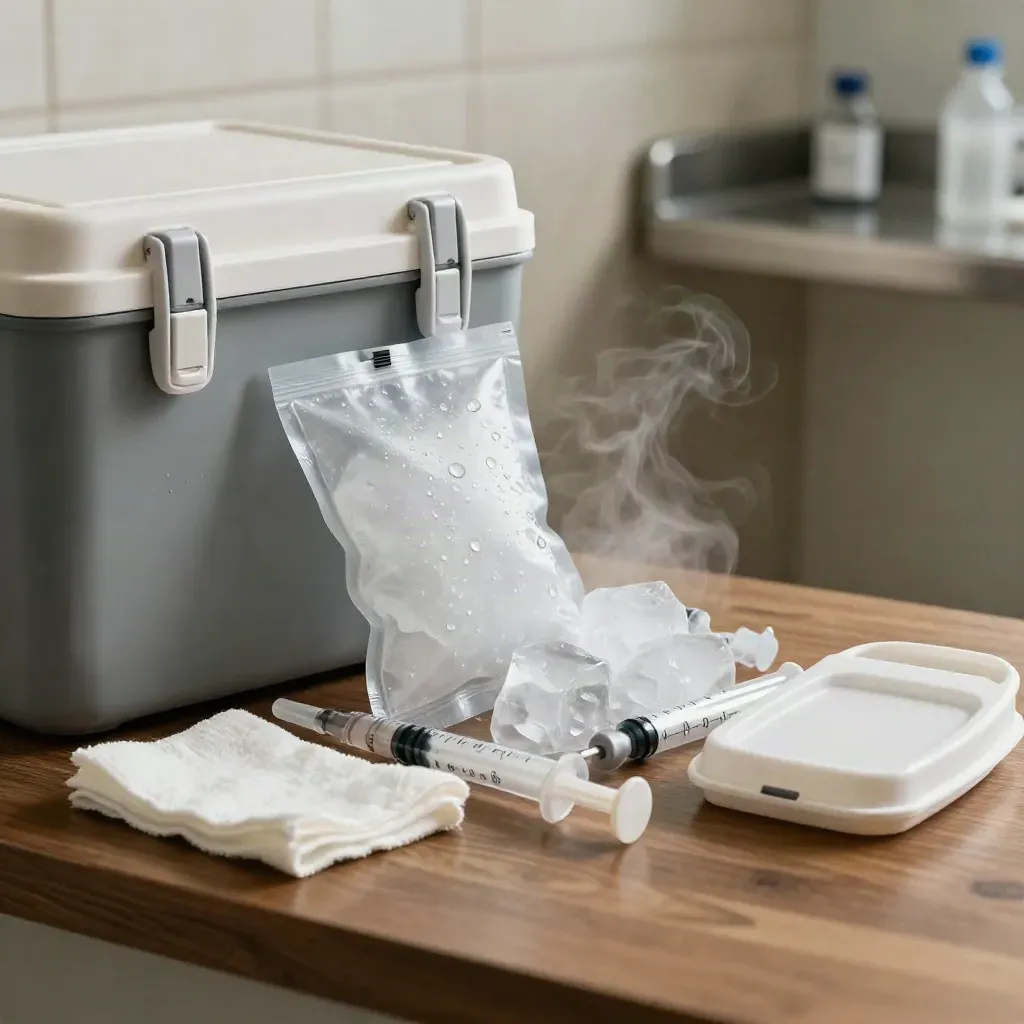 Macro vaccine cooler, syringes, gauze, sharps bin lid and icy condensation on a clinic counter.