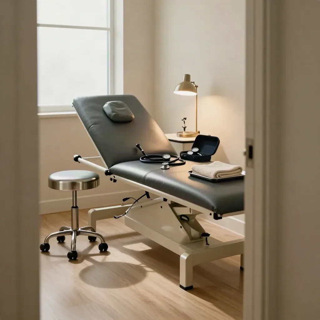 Empty private GP consultation room with exam couch, instruments, and warm lamp in daylight.