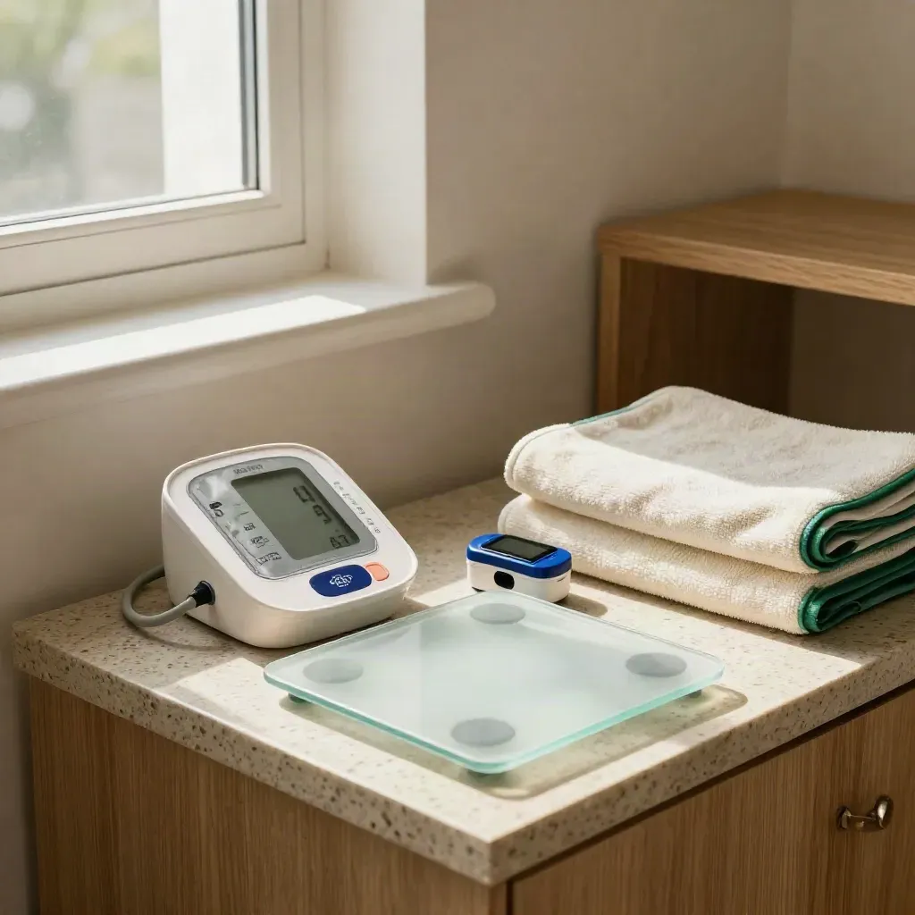 Clinic screening corner with blood pressure monitor, frosted scale, oximeter and towels in warm light.