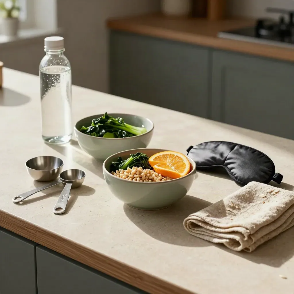 Overhead kitchen flat lay with meal-prep bowls, citrus, water bottle, measuring spoons, and sleep mask.