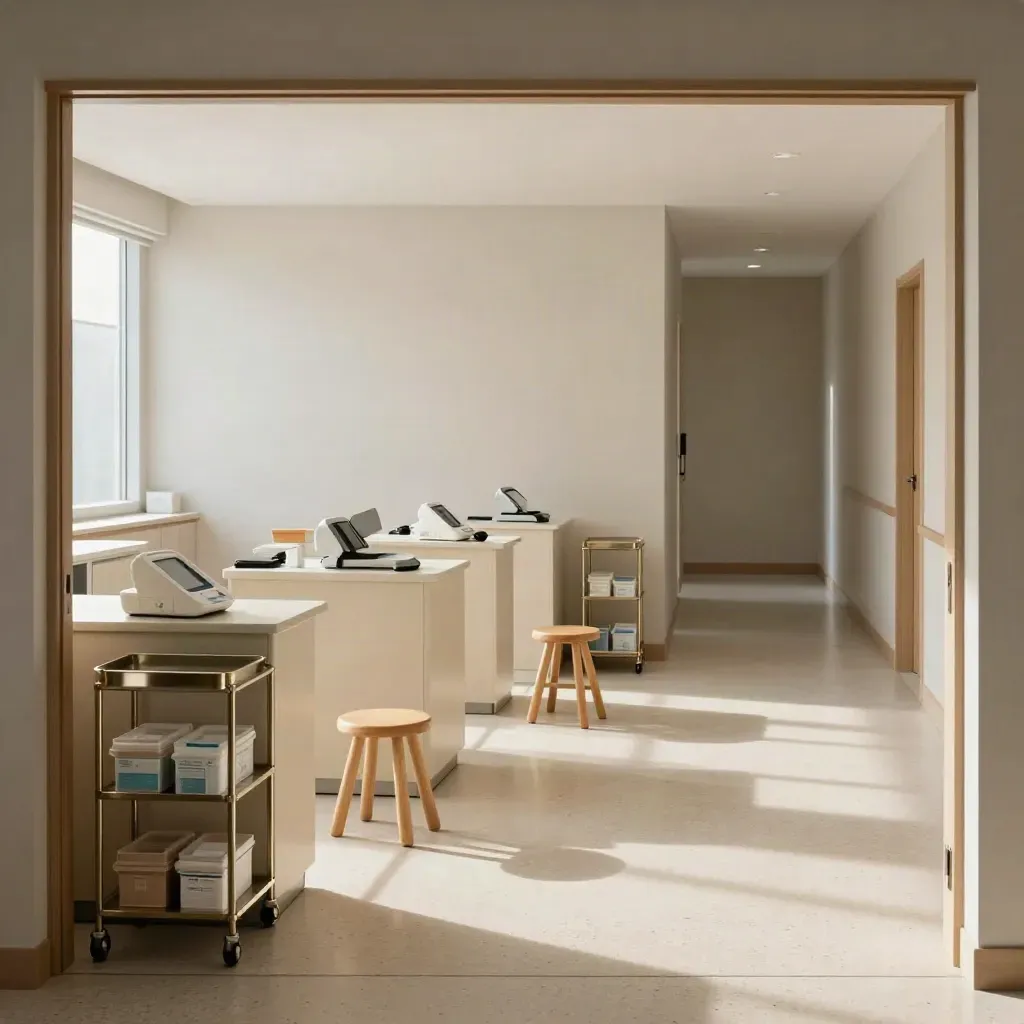 Bright private clinic pathway with three check stations, blood pressure monitor, stool and sealed supplies.