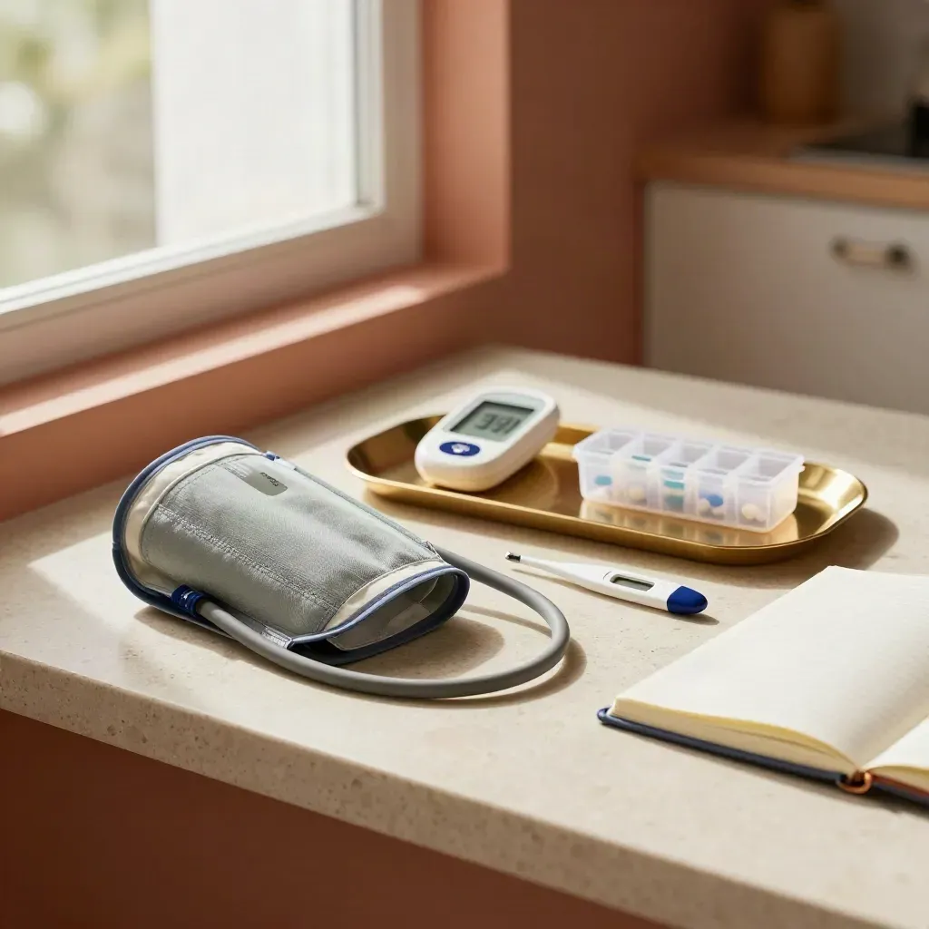 Blood pressure cuff, glucose meter, pill organiser, thermometer and notebook on a sunlit windowsill.