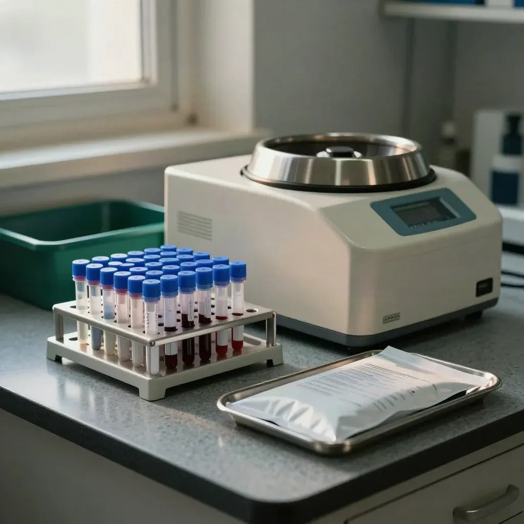Blood test bench with tubes, centrifuge and results pouch in a calm clinic lab