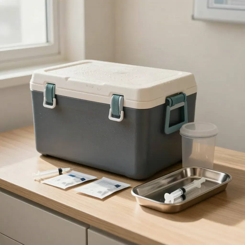 Mobile flu vaccination kit ready in an office corner with cooler packs, sharps bin, swabs and syringes.