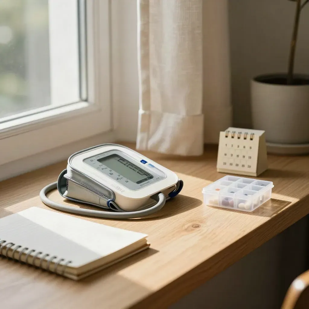 Home blood pressure cuff with notebook, calendar cube and pill box by a sunlit window.