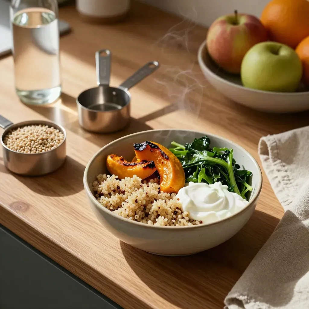 Meal-prep bowl with grains, fruit, measuring cups and water on a warm kitchen counter.