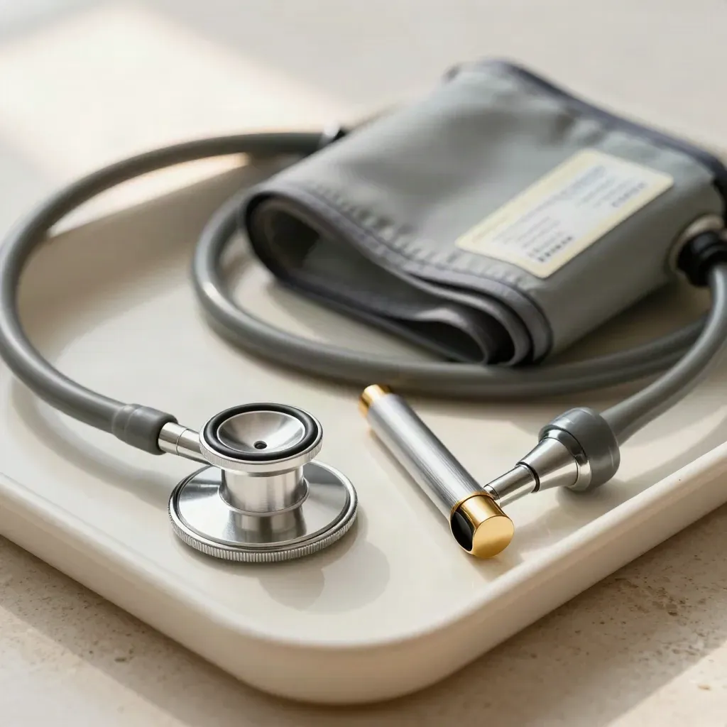 Macro still life of a stethoscope, penlight, otoscope and blood pressure cuff on a cream tray.
