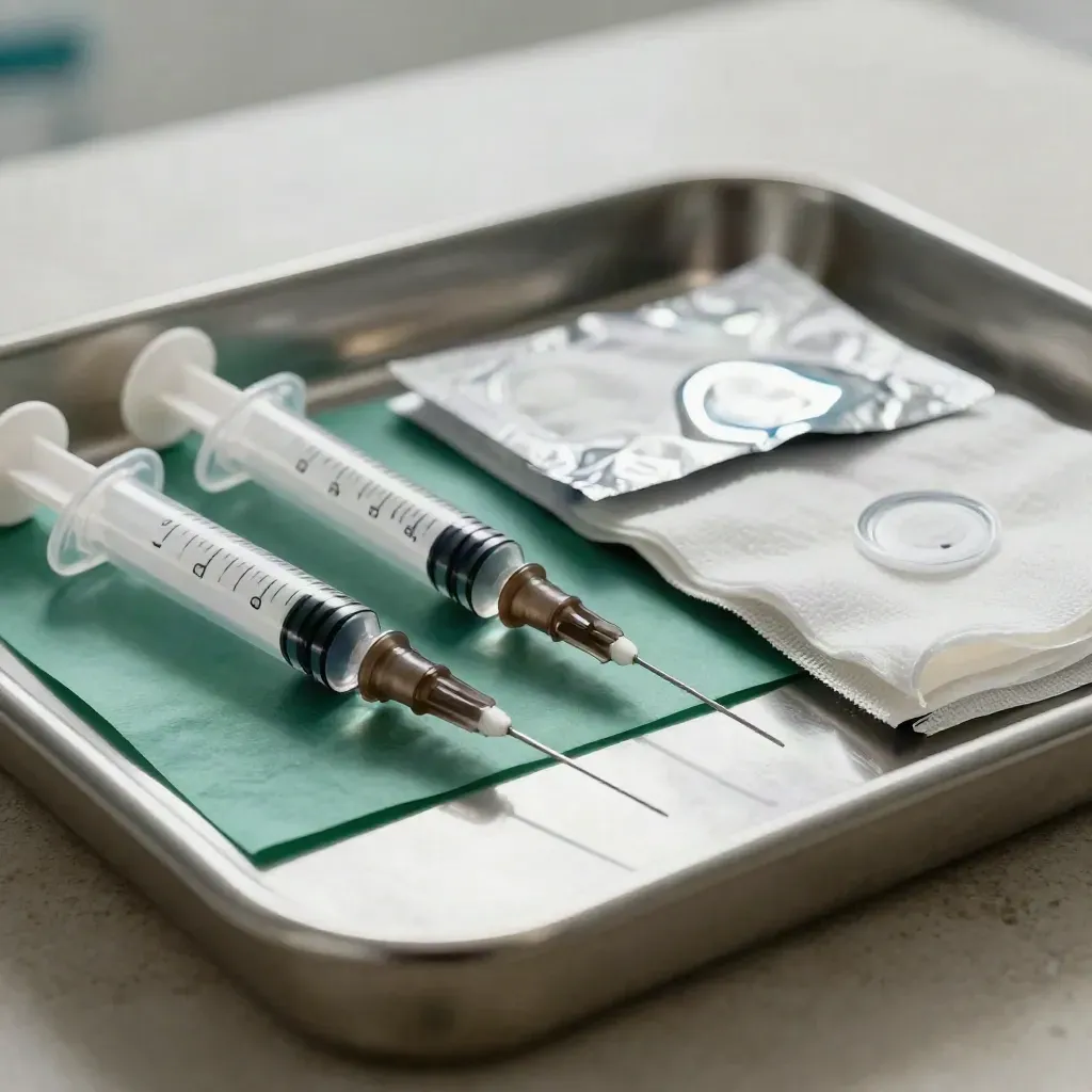 Vaccination tray with syringes, swabs, gauze and sharps lid on stainless steel.