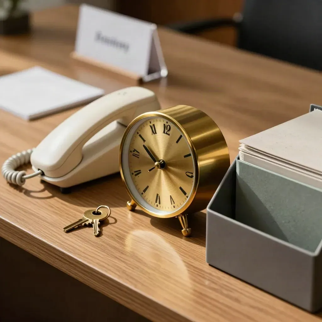 Brass clock, phone handset, key ring and file tray on a warm reception desk in soft daylight.