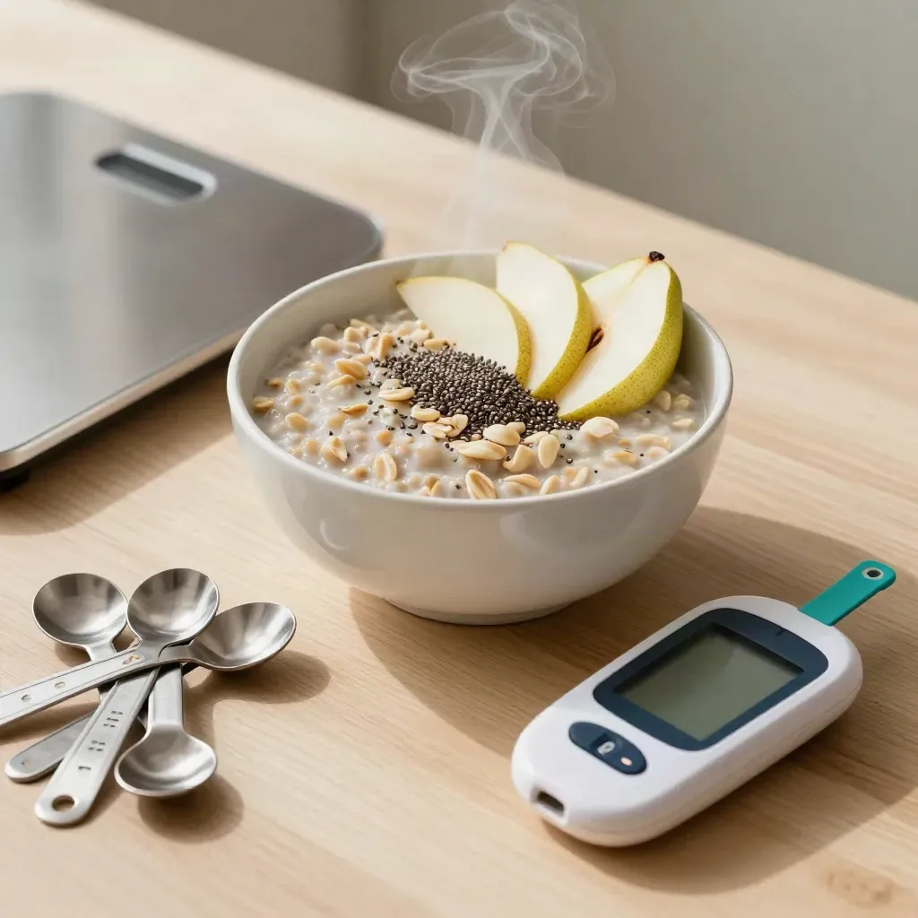Breakfast bowl, scale, measuring spoons and glucose meter in a warm nutrition coaching still life.