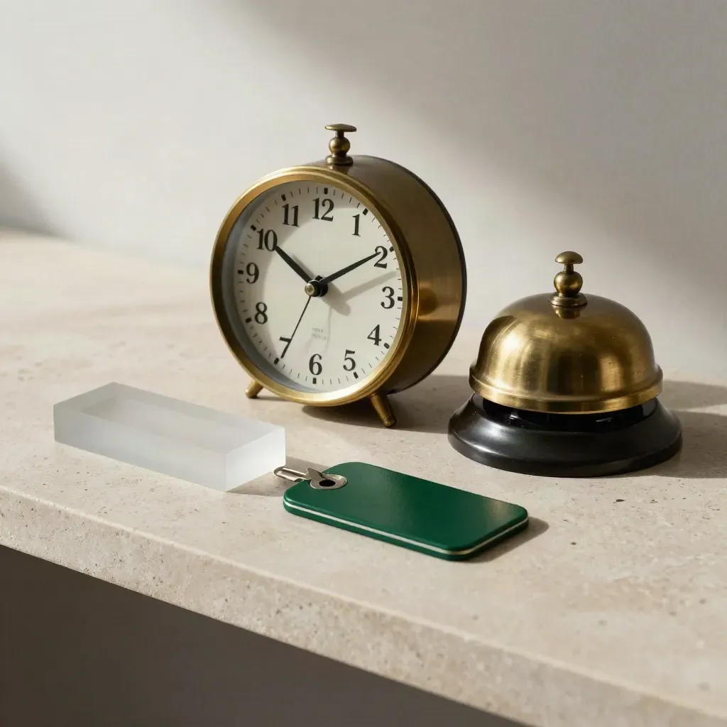 Top-down still life of a brass clinic clock, keycard, desk bell and acrylic booking block on stone.