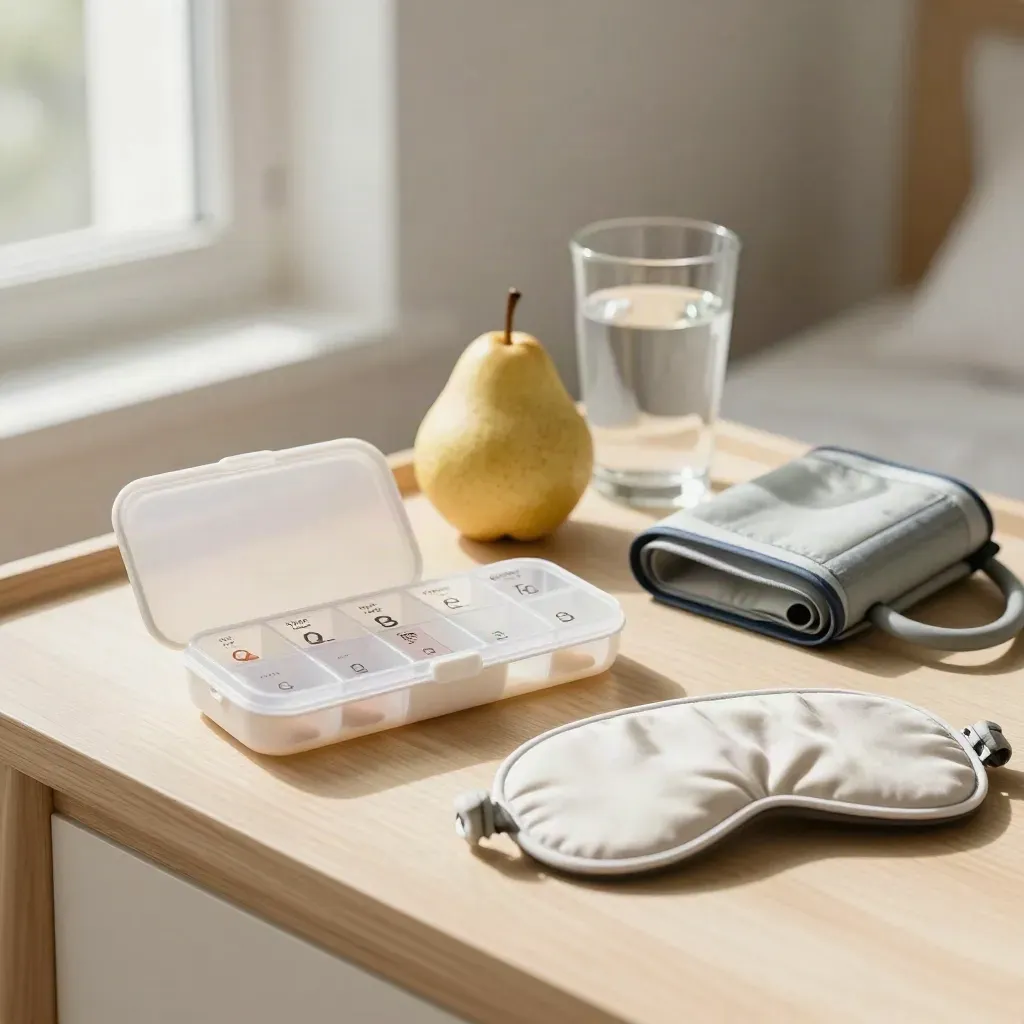 Pill organiser with water, pear, cuff and sleep mask on pale wood in soft morning light.