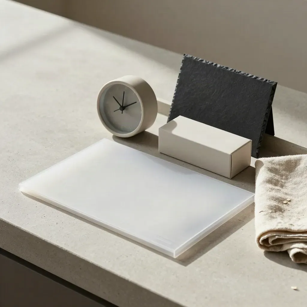Stone tray with frosted folder, ceramic clock and refill box in soft daylight