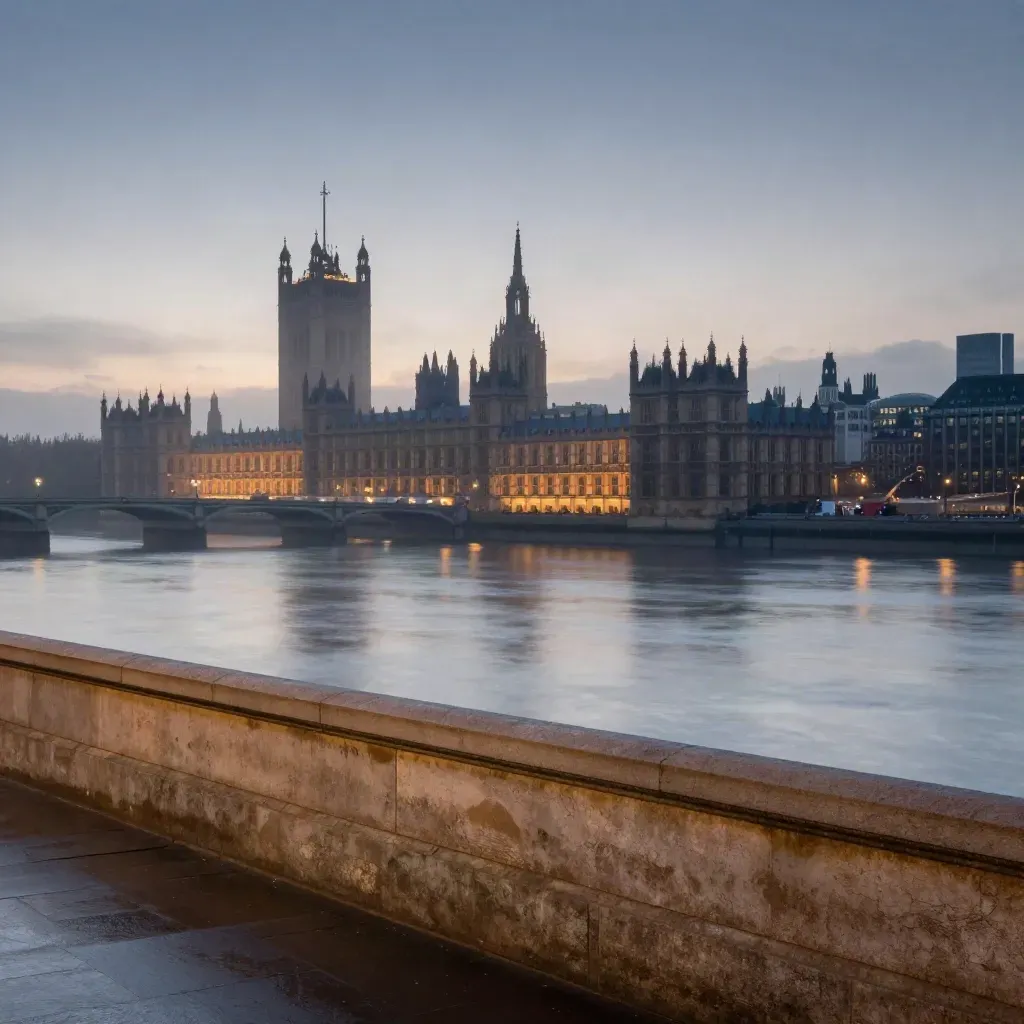 Westminster skyline over the Thames at blue hour with calm reflections and mist