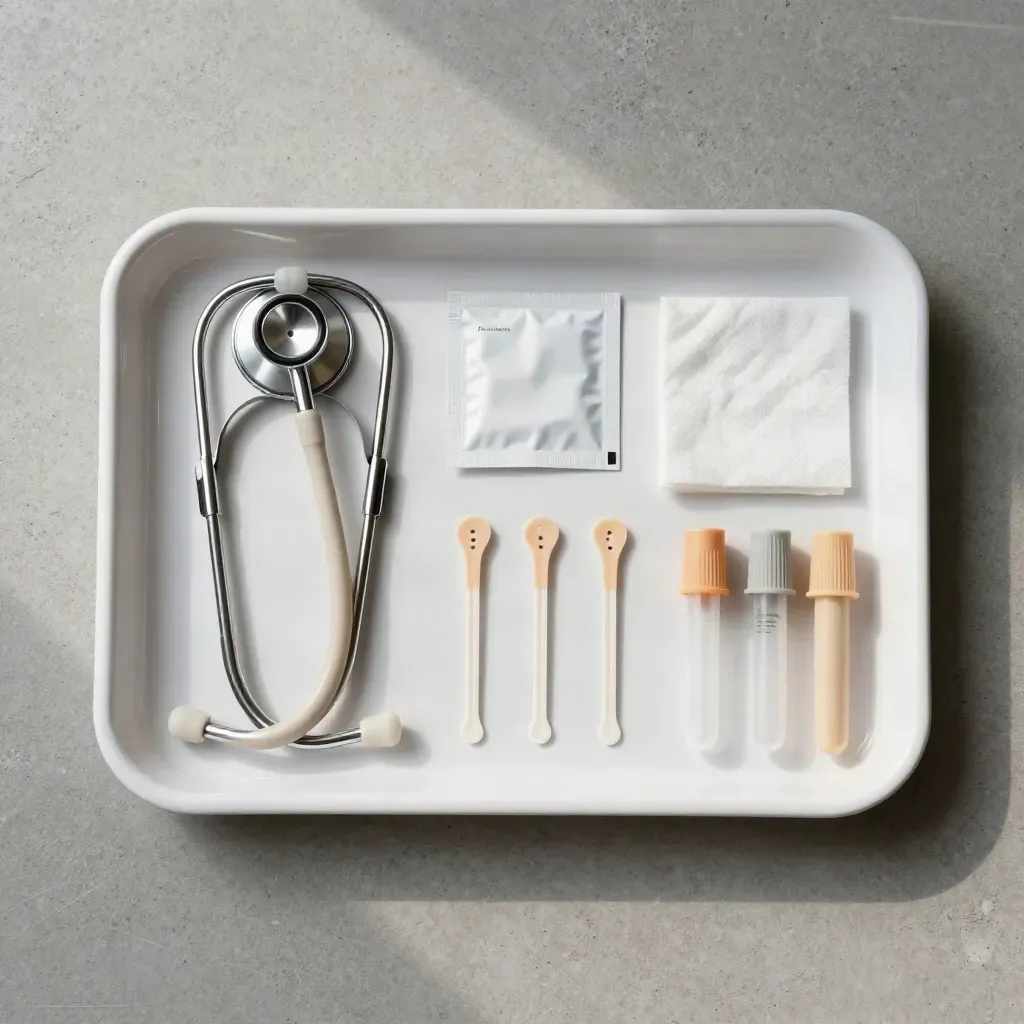 Overhead flatlay of a clinic screening tray with stethoscope head, swabs, lancets, gauze and tubes.