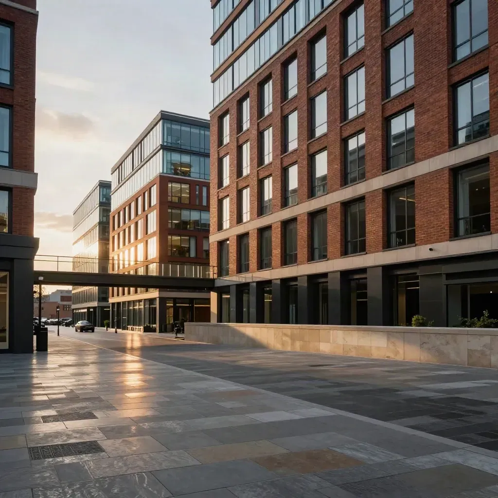 Modern Birmingham buildings and high-line bridge above a calm reflective plaza at sunset