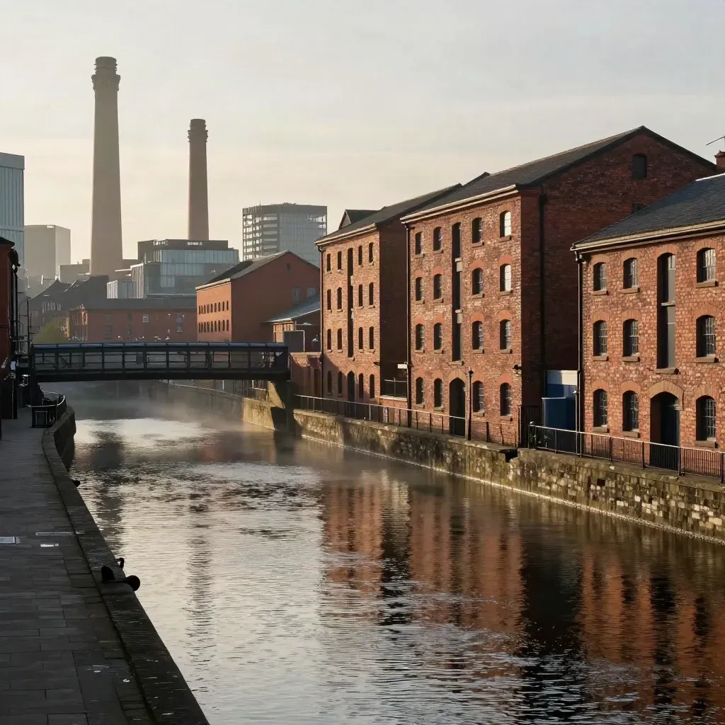 Manchester canal skyline in golden hour, brick warehouses and water reflections under haze.