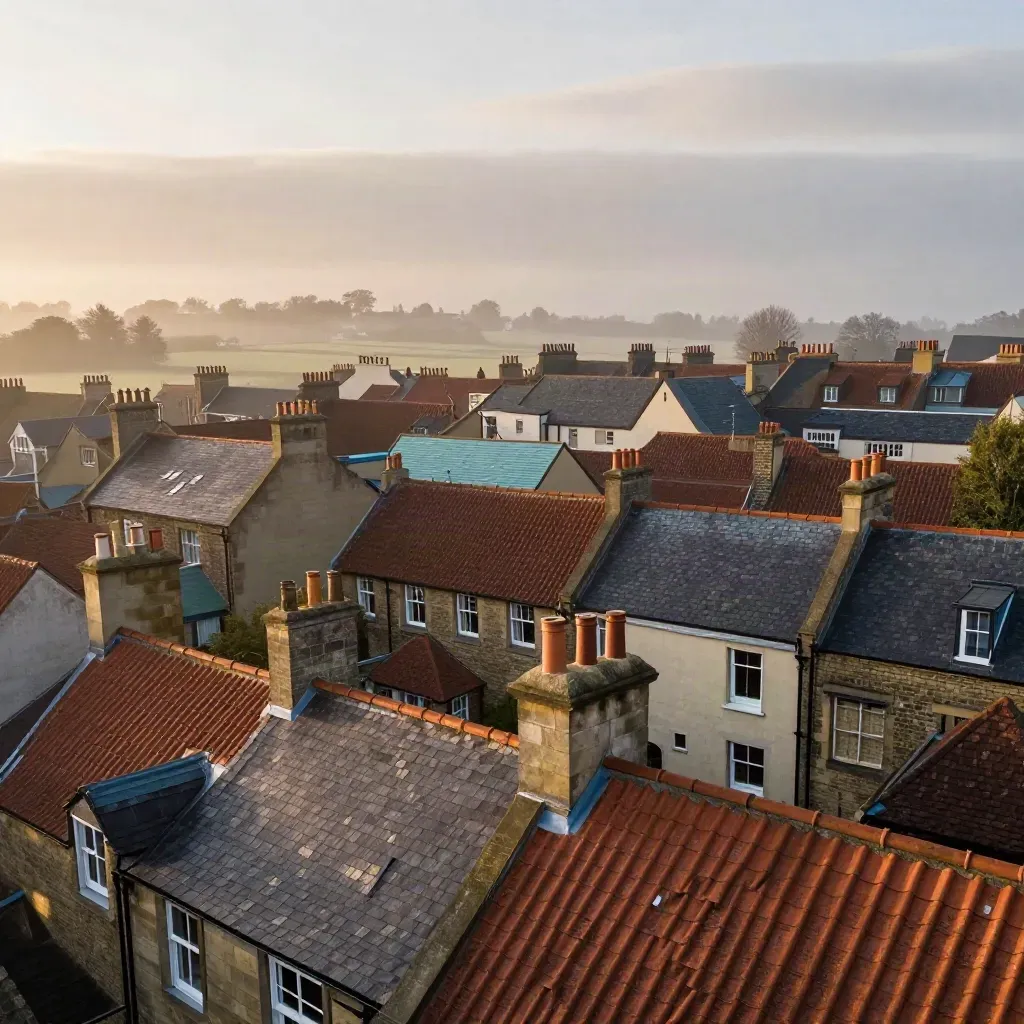 Dawn aerial of UK rooftops dissolving into mist with warm terracotta slate and calm copy space