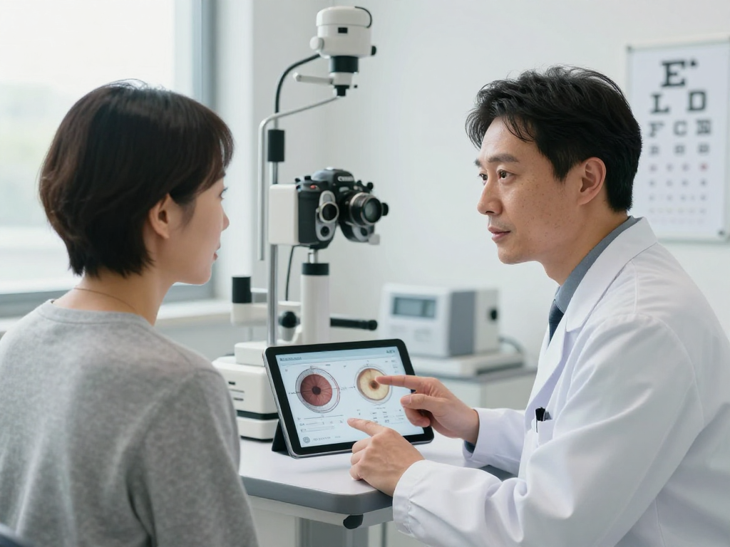 Cataract eye surgery consultation between doctor and patient in modern clinic.