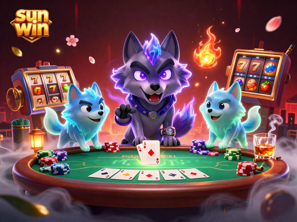 Experience thrilling games with sun win, featuring a dynamic poker scene with shadow wolf companions.
