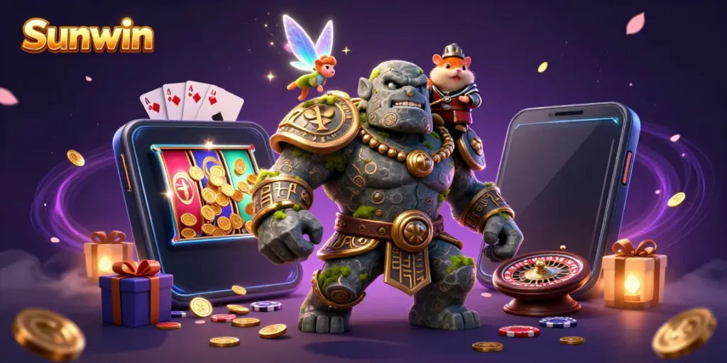 Experience the magic of Sunwin as a mystical golem guardian comes to life amidst vibrant casino game elements.