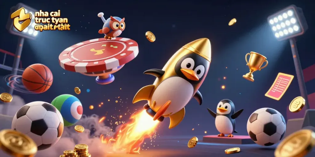 Bet on nha cai truc tuyen uy tin mới nhất with vibrant 3D illustration of a golden penguin in space.