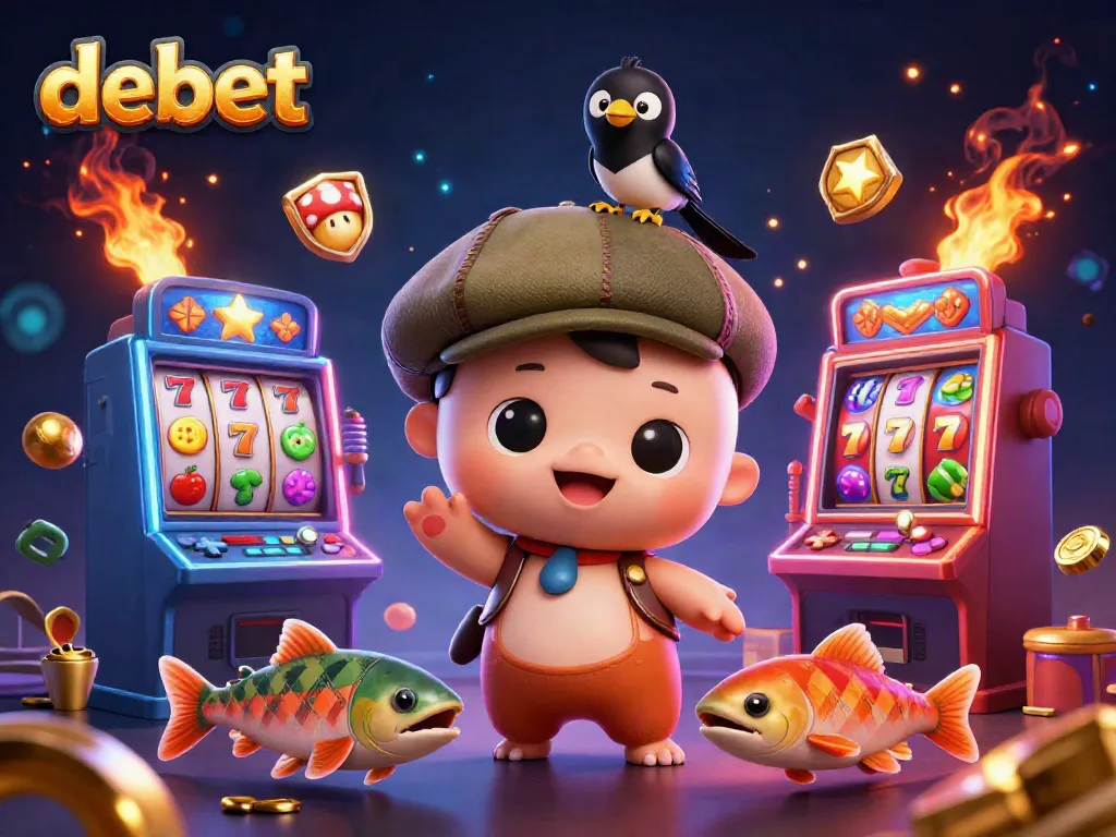 Experience exciting debet gaming with a fun, colorful cartoon scene featuring a playful Nessie and slot machines.