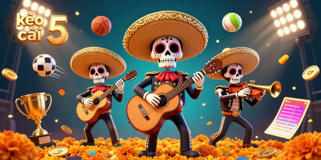 Engage with kèo nhà cái 5 through a colorful scene featuring a mariachi band and dynamic sports elements in a festive atmosphere.