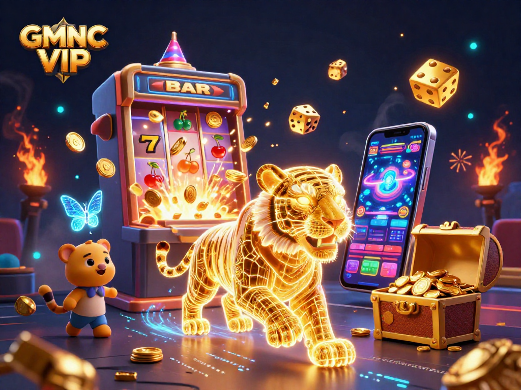 Experience thrilling gameplay with GMNC VIP, featuring a stunning neon-wireframe tiger in a vibrant casino scene