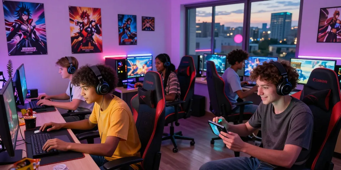 Gamers enjoying ecchigames in a lively atmosphere with devices and vibrant decor.